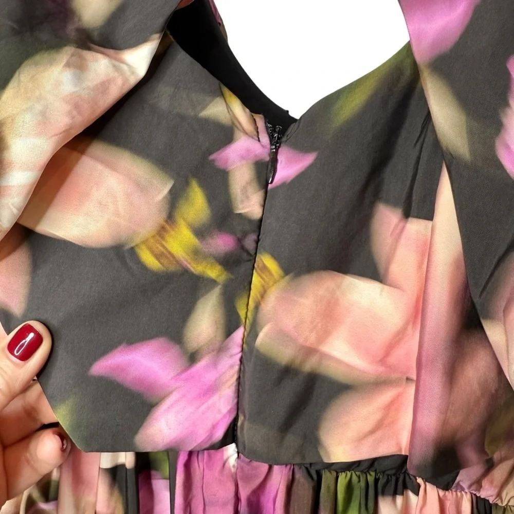 ELOQUII Ruffle Neckline Pink Moody Floral Women’s Midi Dress Sz 16